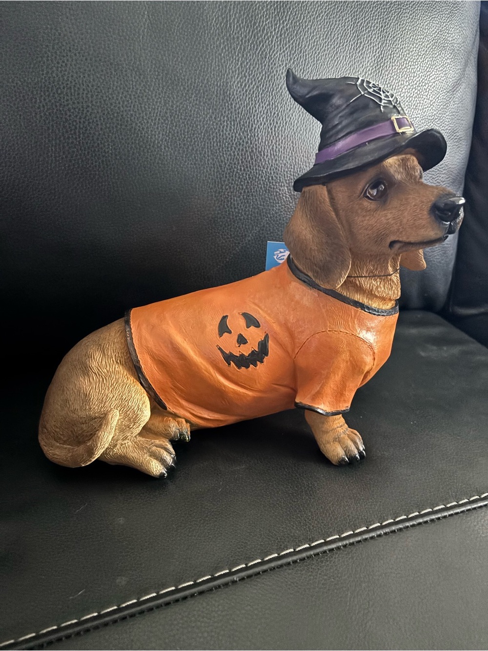 Halloween Dachshund Dog Figurine in Orange Pumpkin Shirt and Black Witch Hat
